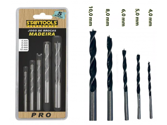 KIT DE BROCAS P/ MADEIRA C/ 5 PCS  4,5,6,8,10MM STARTOOLS AR0123