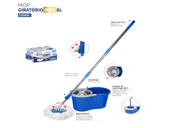 MOP GIRATORIO 8 LITROS CESTO DE INOX CLEAN TECH CT0034