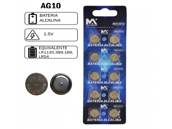 BATERIA ALCALINA AG10  LR1130 1,5V CARTELA C/ 10 MAX-AG10