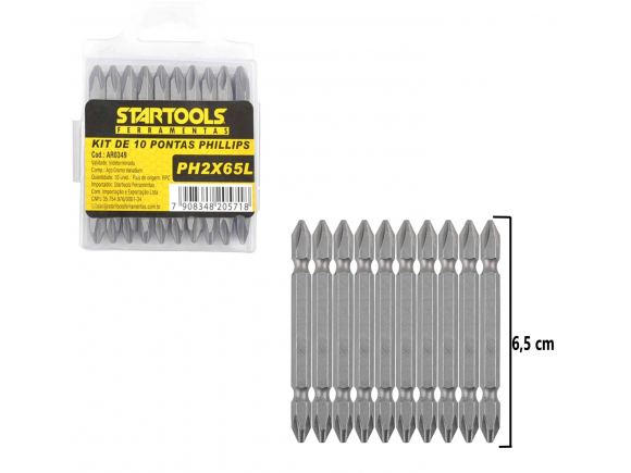 KIT DE BITS PONTA DUPLA PHILIPS 10 PCS PH2 X 65 MM  STARTOOLS AR0349