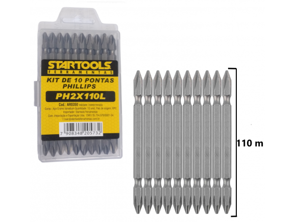 KIT DE BITS PONTA DUPLA PHILIPS 10 PCS PH2 X 110 MM  STARTOOLS AR0350