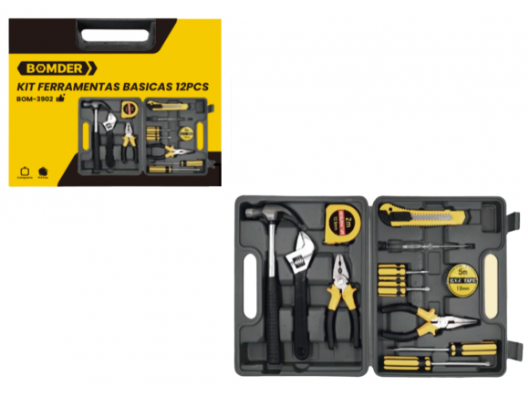 KIT FERRAMENTAS MALETA BASICAS COM 12 PCS  BOM-3902