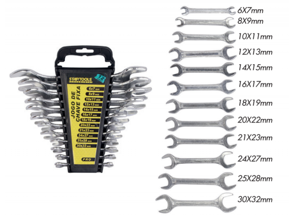 JOGO CHAVE DE BOCA FIXA  C/12 PÇS 6X7,8X9,10X11,12X13,14X15, 16X17,18X19, 20X22, 21X23, 24X27, 25X28, 30X32 MM AR0728