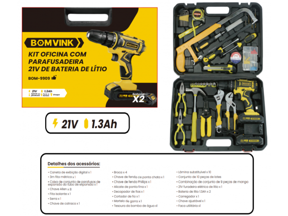 KIT FERRAMENTAS MALETA COM PARAFUSADEIRA RECARREGAVEL C/2 BATERIAS 21V  BOM-9909