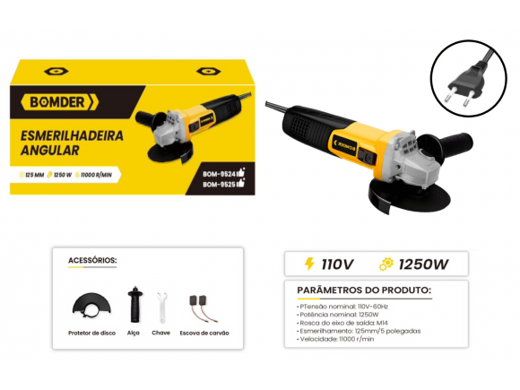 KIT FERRAMENTAS ESMERILHADEIRA ANGULAR ELETRICA 110V 1250W 125MM 5