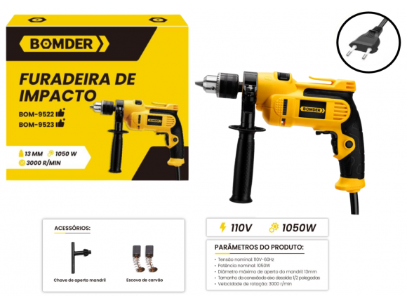 FURADEIRA DE IMPACTO ELETRICA 1050W 110V -60HZ BOM-9523