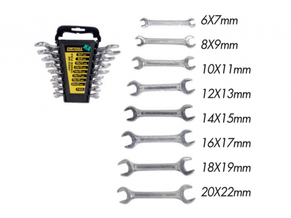 JOGO CHAVE DE BOCA FIXA  C/8 PÇS 6X7,8X9,10X11,12X13,14X15, 16X17, 18X19, 20X22 MM AR0727