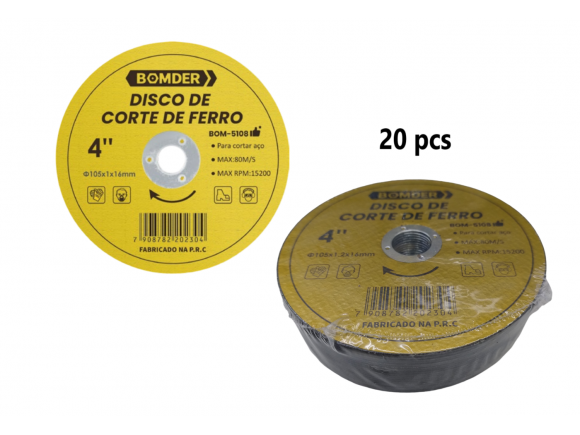 DISCO DE CORTAR AÇO-FERRO 105 X 1.2 X 16 MM COM 20 PCS BOM-5108