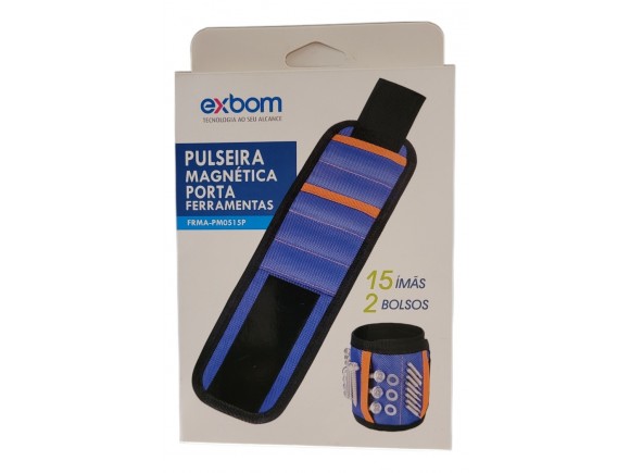 PULSEIRA MAGNÉTICA PORTA FERRAMENTAS 15 ÍMÃS E 2 BOLSOS EXBOM  PM0515P