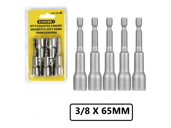 KIT DE SOQUETES CANHÃO PONTA MAGNÉTICO C/ 5 PCS 3/8