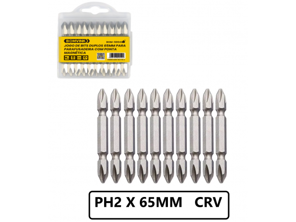 KIT DE BITS PONTA DUPLA PHILIPS 10 PCS COM IMÃ PH2 X 65 MM  BOM-5004