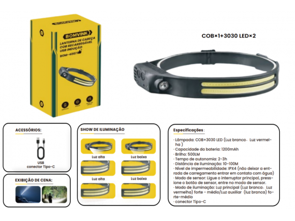 LANTERNA DE CABEÇA LED RECARREGAVEL USB BOM-4007