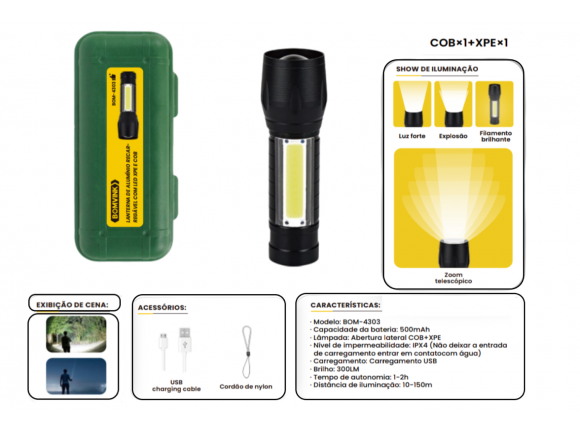 LANTERNA DE ALUMINIO RECARREGAVEL COM LED XPE E COB BOM-4303