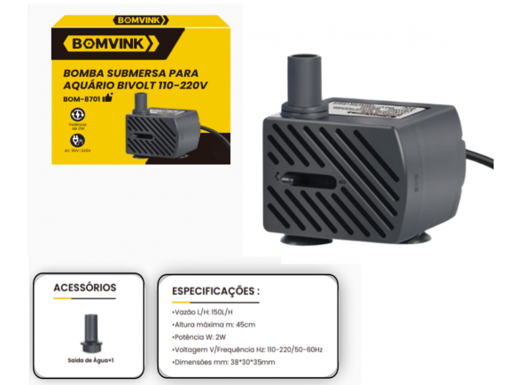 BOMBA SUBMERSA PARA AQUARIO 2W BIVOLT 110V-220V BOM-8701