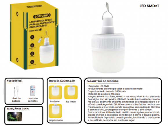 LUMINARIA SOLAR DE LED PARA ACAMPAMENTO RECARREGAVEL BOM-4212