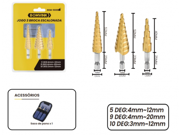 KIT DE BROCAS ESCALONADA C/3 PCS BOM-5020