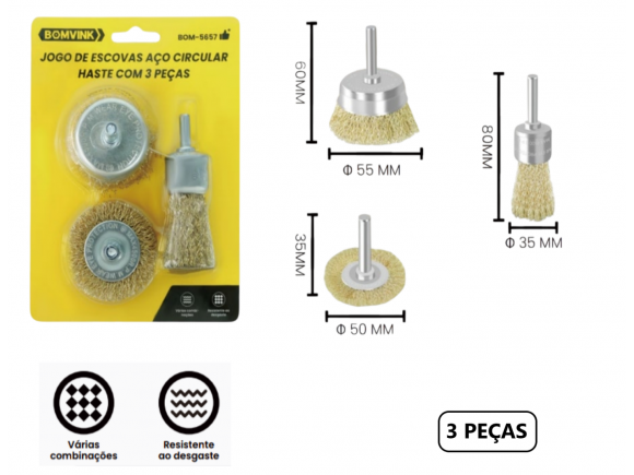 ESCOVA DE AÇO CIRCULAR COM 3 PCS  BOM-5657