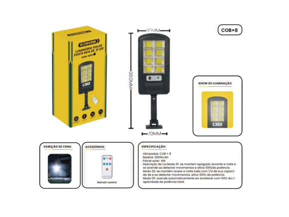 LUMINARIA SOLAR POSTE DE RUA 8 LED BOM-4201