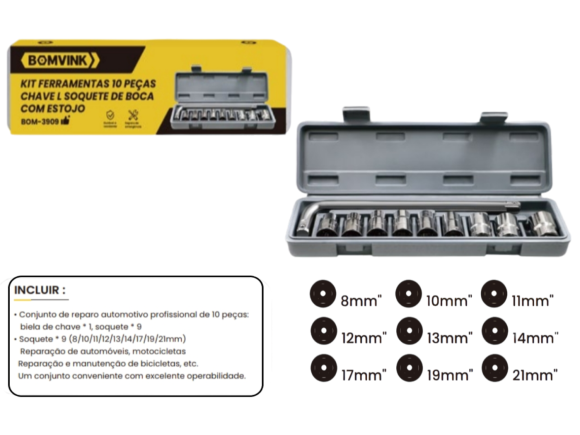 KIT FERRAMENTAS MALETA CHAVE L SOQUETES 8-21MM C/10PÇS BOM-3909