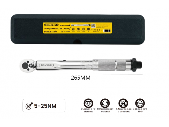 TORQUIMETRO ESTALO P/ SOQUETE 1/4 5-25 N.M BOM-1244