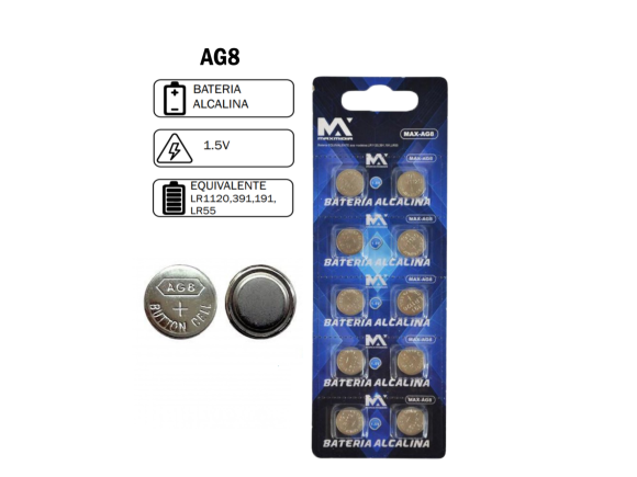 BATERIA ALCALINA AG8 LR1120 1,5 V CARTELA C/ 10  MAX-AG8