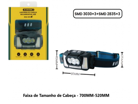 LANTERNA DE CABEÇA LED RECARREGAVEL USB BOM-4012