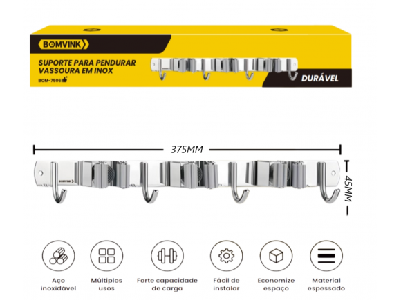 SUPORTE PARA PENDURAR VASSOURAS EM INOX  BOM-7506