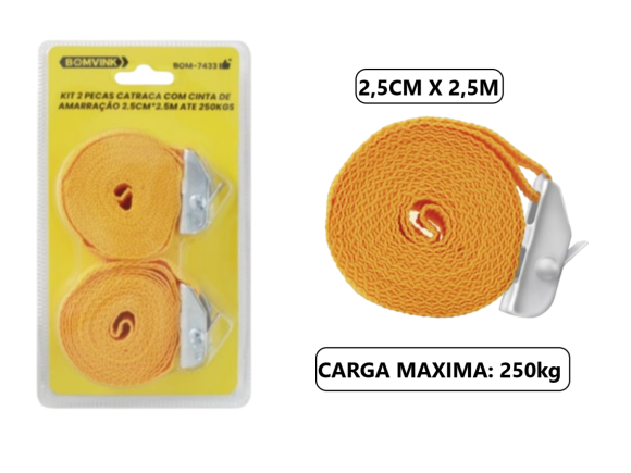 CINTA CATRACA AMARRAR CARGA C/2 PCS 2,5 CM X 2,5 MTS ATÉ 250 KG BOM-7433