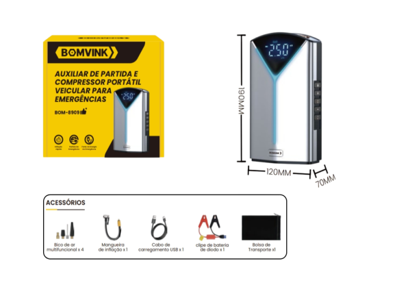 COMPRESSOR PORTATIL E AUXILIAR DE PARTIDA VEICULAR BOM-8909