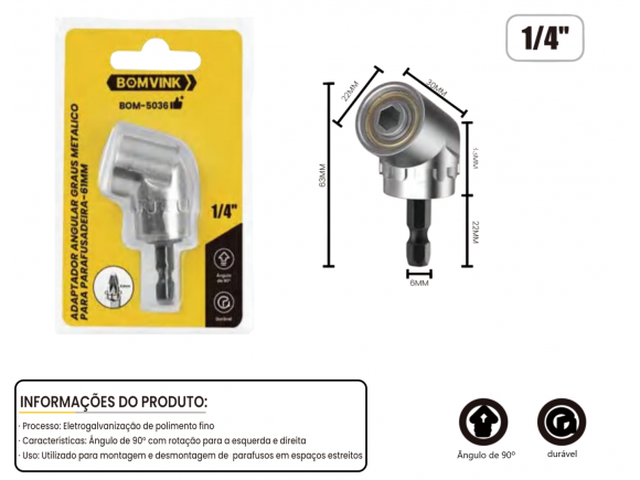 ADATADOR ANGULAR GRAUS METALICO PARA PARAFUSADEIRA 61MM BOM-5036