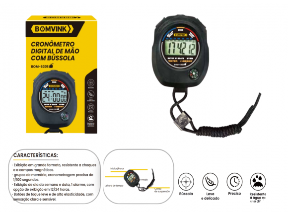 CRONÔMETRO DIGITAL DE MÃO COM BÚSULA BOM-6301